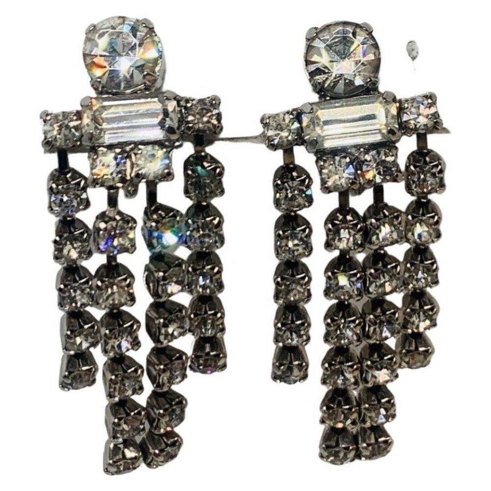 Womens Sparkly Rhinestone Figural Dangle Silver Screw Back Vintage Earrings